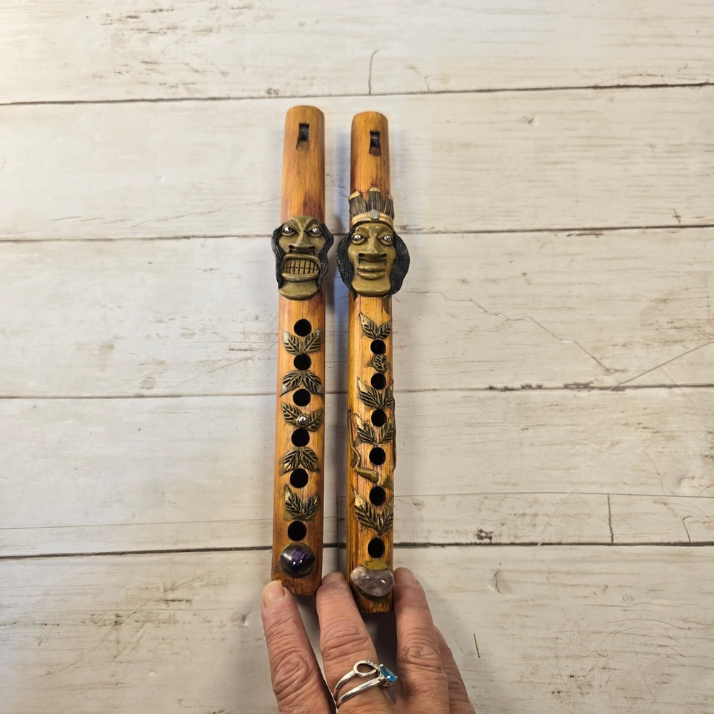 Pair of Vintage Hand Carved Bamboo Tribal Flutes with Face and Leaf Details